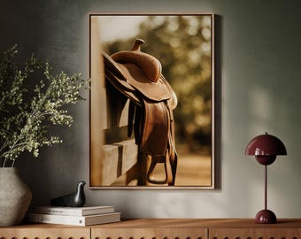 Western Saddle Canvas Wall Art – Rustic Cowboy Tack Print with Sunlit Leather Detail, Country Ranch Equestrian Decor