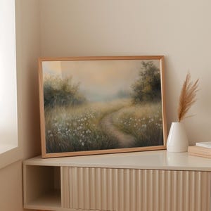 Misty Meadow Path Canvas Wall Art, Tranquil Countryside Landscape Painting, Rustic Farmhouse Nature Decor with Wildflowers