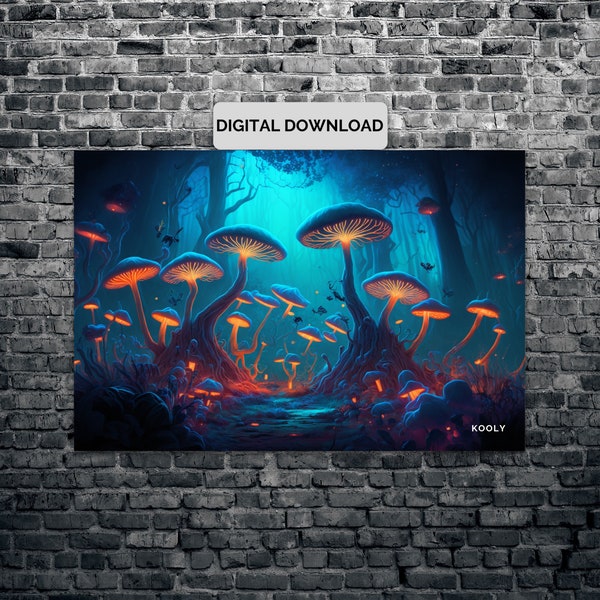 Bioluminescent Mushroom Forest Digital File, Giant Glowing Mushrooms Printable Wall Art