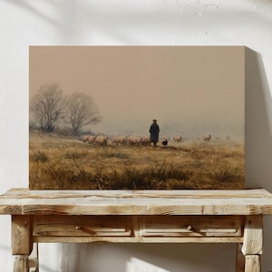 Pastoral Shepherd Scene – Vintage Oil Painting of Farmer with Sheep and Dog in Misty Meadow, Rustic Countryside Farmhouse Wall Art