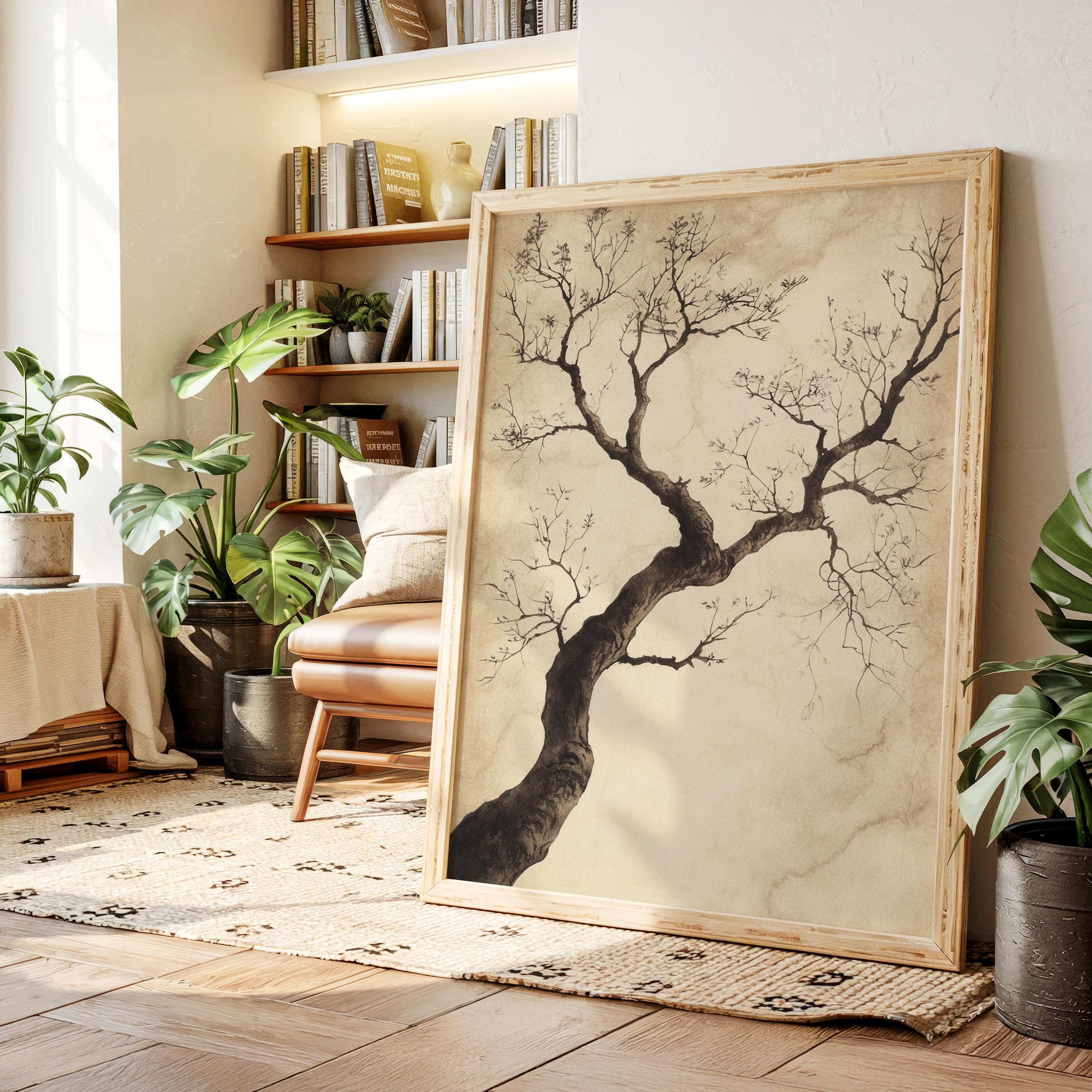 Minimalist Ink Tree Drawing Canvas – Vintage Japanese Aesthetic