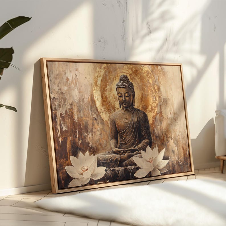 Golden Buddha Canvas Wall Art With Lotus Flowers, Zen Meditation ...