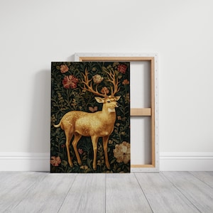 Deer Canvas Wall Art – Rustic Framed Wildlife Art, Floral Deer Nature Painting, Large Wall Art, Perfect Gift for Home or Office