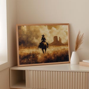 Cowgirl Horseback Riding Through Desert Landscape | Western Canvas Wall Art | Rustic Wild West Sunset Scene
