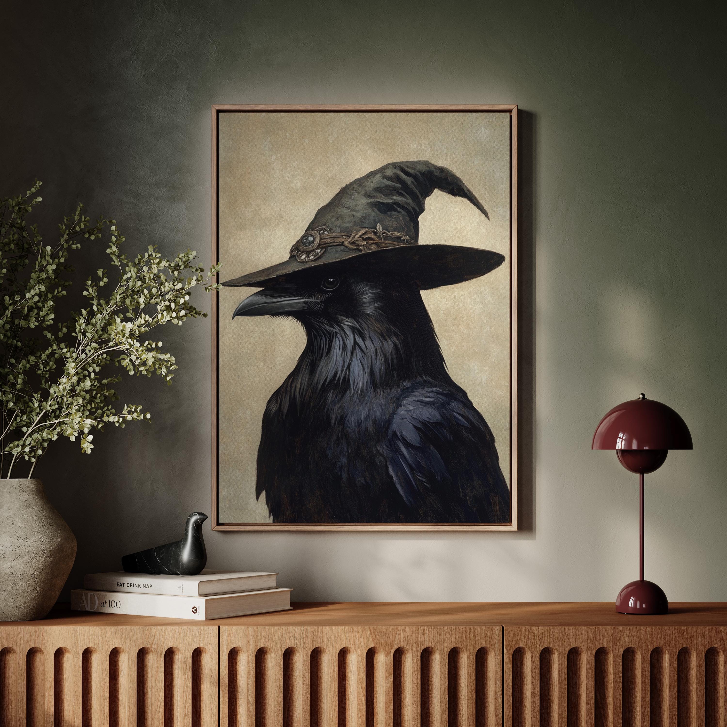 魔法の帽子をかぶった魔女カラス｜ゴシックハロウィンカラスの肖像画