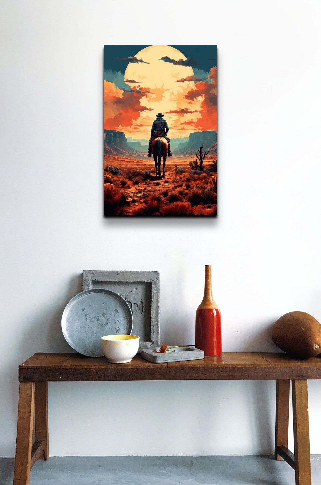 Cowboy Canvas Wall Art, Cowboy Riding Into the Sunset Canvas Wall Art