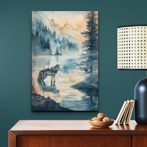 Watercolor Wolf Naturescape Ready To Hang Canvas Wall Art Print, Wolf Wall Art Print, Watercolor Wolf Art Print, Canvas Wall Art