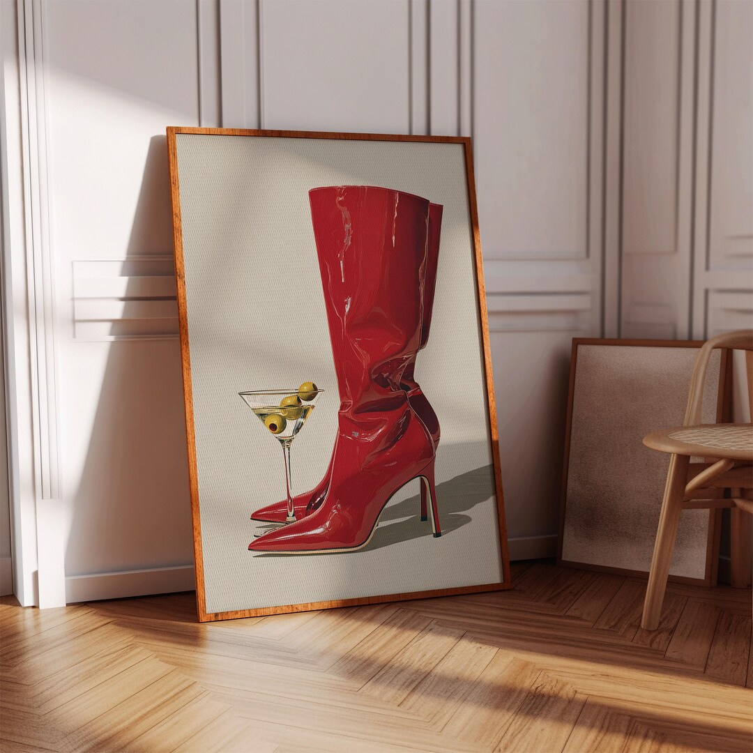 Red High Heel Boots and Martini Canvas Wall Art, Chic Fashion