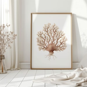 Vintage Koralle botanische Wand-Kunstdruck, Küstenozean-Seefächer-Illustration in Sepiatönen, Strandhaus oder Badezimmer-nautisches Dekor