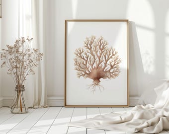 May include: A framed watercolor print of a coral reef in shades of brown and beige. The artwork is displayed in a room with white walls and a wooden floor. A vase of dried flowers sits near a window.