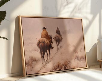 Western Cowboy Winter Ride – Oil Painting of Two Riders on Horseback in Snowy Landscape, Rustic Americana Wall Art for Ranch or Cabin Décor