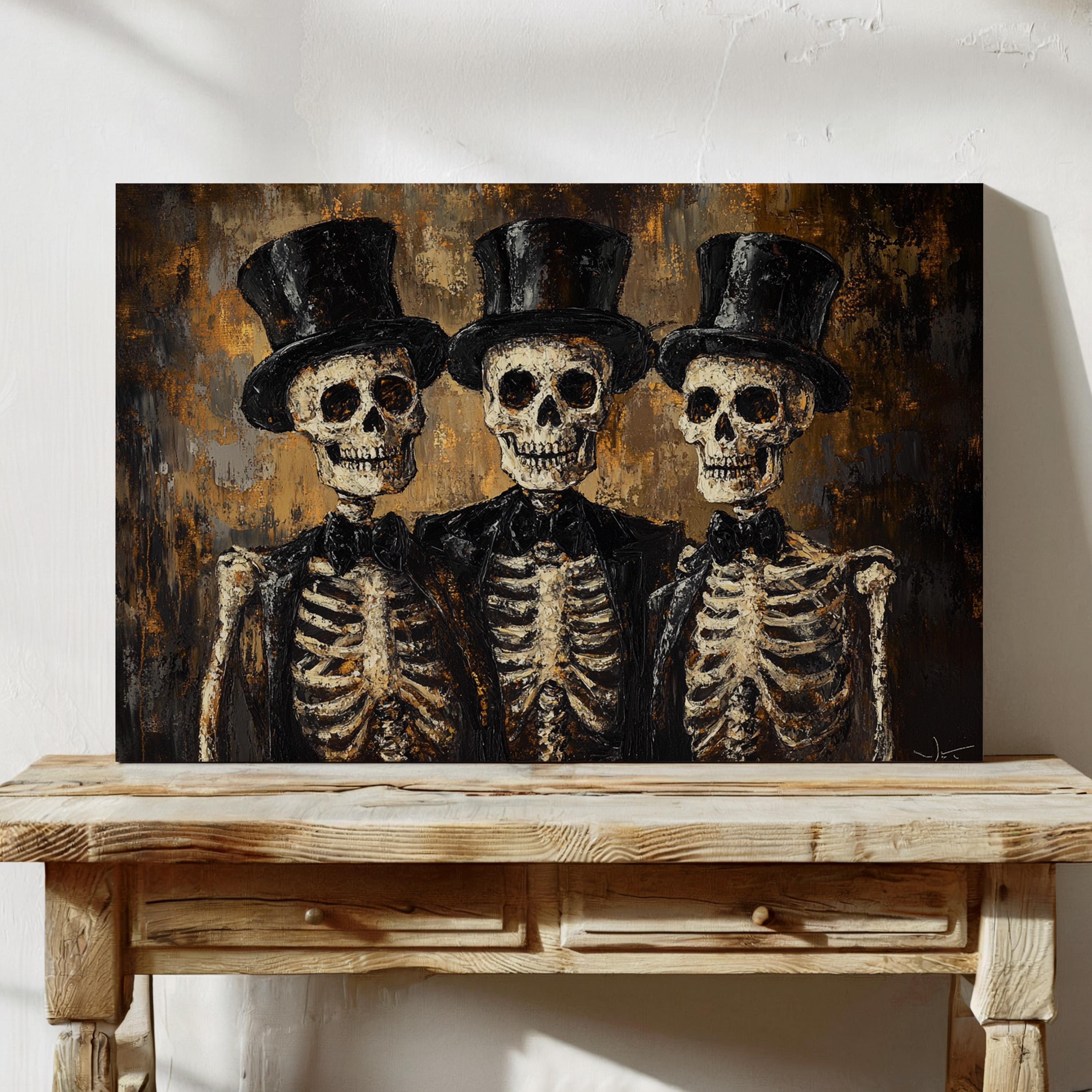 Dapper Skeleton Trio Canvas Art - Gothic Skeletons in Top Hats