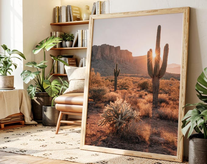 Arizona Desert Sunset Canvas Wall Art, Saguaro Cactus Landscape Print, Southwest Nature Artwork, Rustic Boho Desert Wall Decor
