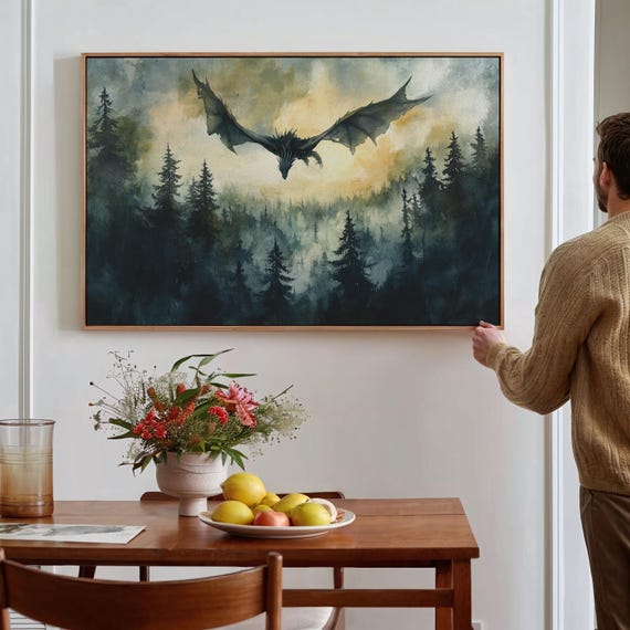 Dragon Over Misty Forest Canvas Wall Art - Fantasy Dragon Poster