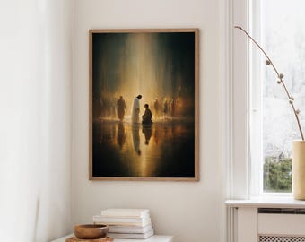 May include: A framed art print depicting a religious scene with figures in white robes illuminated by a golden light. The artwork features a central figure kneeling before another, with other figures in the background.