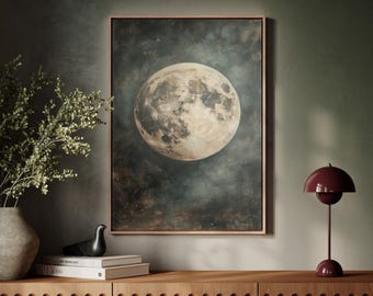 Art mural vintage pleine lune sur toile - paysage lunaire céleste - décoration astronomie ciel nocturne pour chambre à coucher ou salon