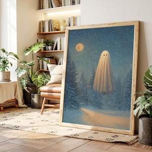 Floating Ghost in Snowy Forest Canvas Art – Winter Spirit Under Moonlight, Whimsical Halloween Christmas Wall Decor in Soft Blue Tones