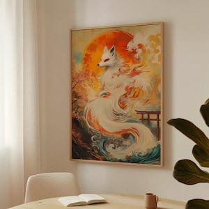 Kitsune Spirit Fox Leinwand Wandkunst - Japanische Mythologie Druck - Fantasy Yokai Fuchs mit Torii Tor und Kirschblüten