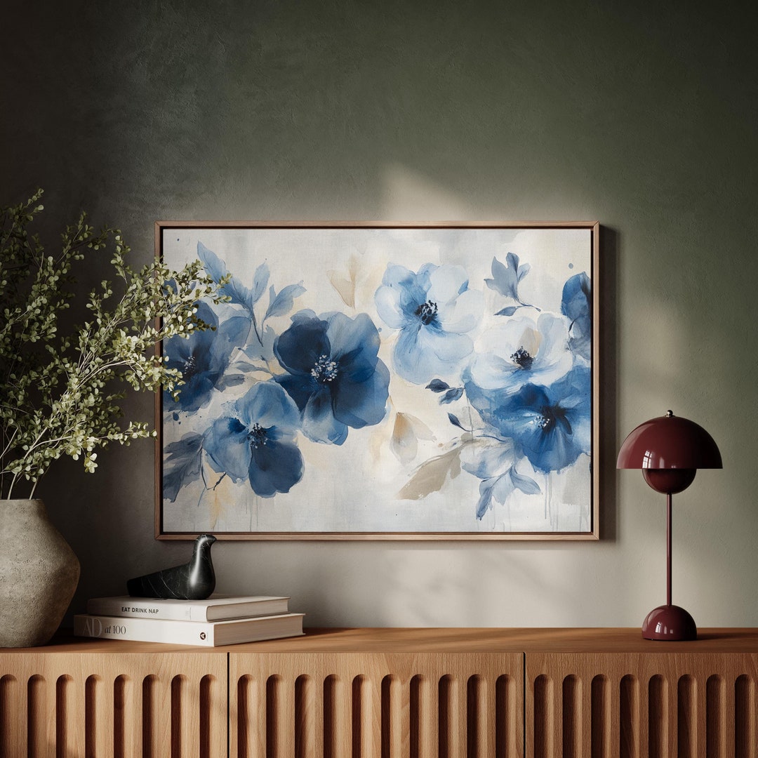 Elegant Blue Floral Canvas | Watercolor Flower Wall Art for Bedroom ...