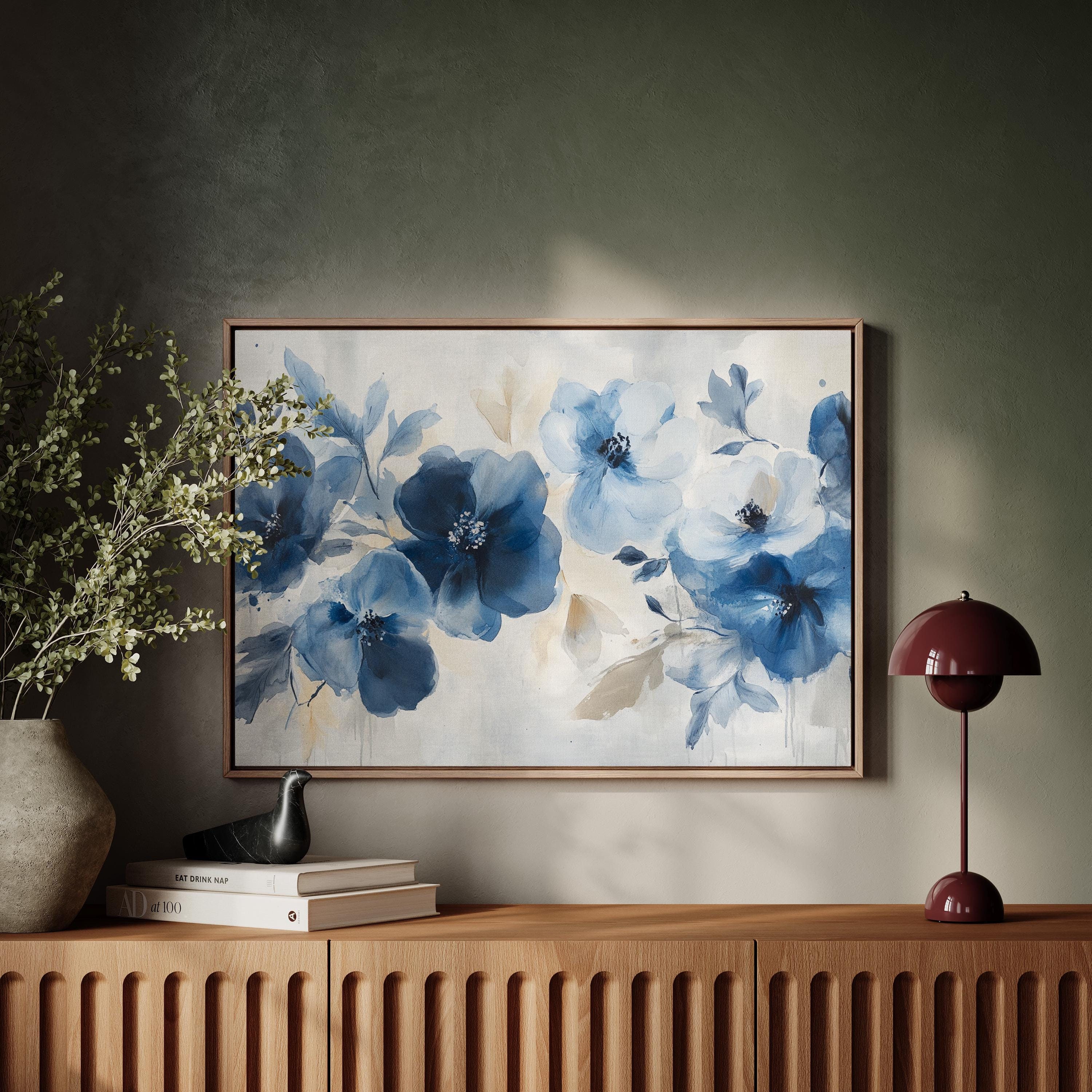 Elegant Blue Floral Canvas | Watercolor Flower Wall Art for Bedroom ...