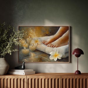 Arte de pared de spa, decoración relajante a la luz de las velas, póster de baño zen, pintura al óleo vintage, impresión en lienzo Serenity, obra de arte de retiro de autocuidado