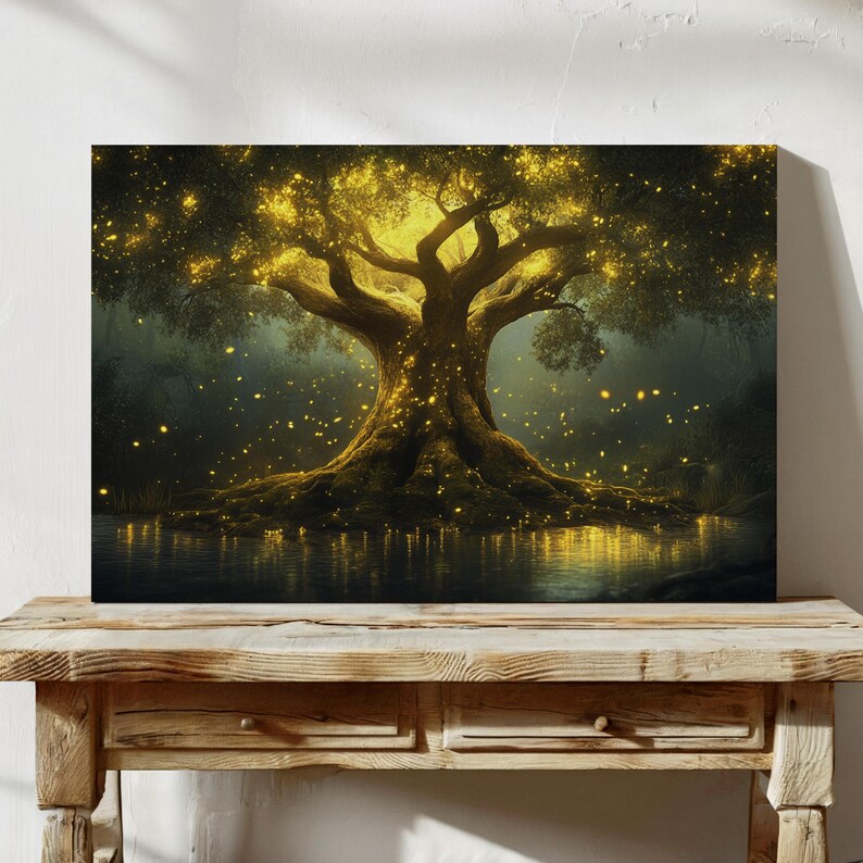 Puede incluir: Impresi&oacute;n en lienzo que representa un &aacute;rbol dorado y brillante, con un tronco ancho y ramas extensas. El &aacute;rbol se alza sobre un fondo oscuro y atmosf&eacute;rico, con una masa de agua reflectante en su base. La obra evoca fantas&iacute;a y asombro.