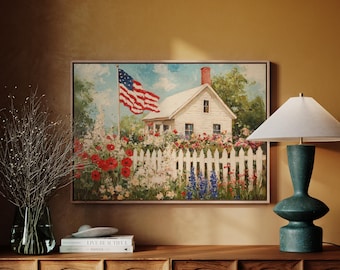 American Flag Cottage Canvas – Patriotic Country House Wall Art with Garden Flowers and White Picket Fence