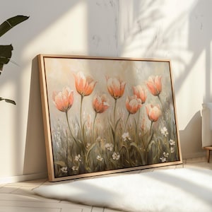 Vintage Tulip Canvas Art, Rustic Floral Wall Decor, Cottagecore Flower Print, Botanical Oil Painting, Shabby Chic Spring Artwork