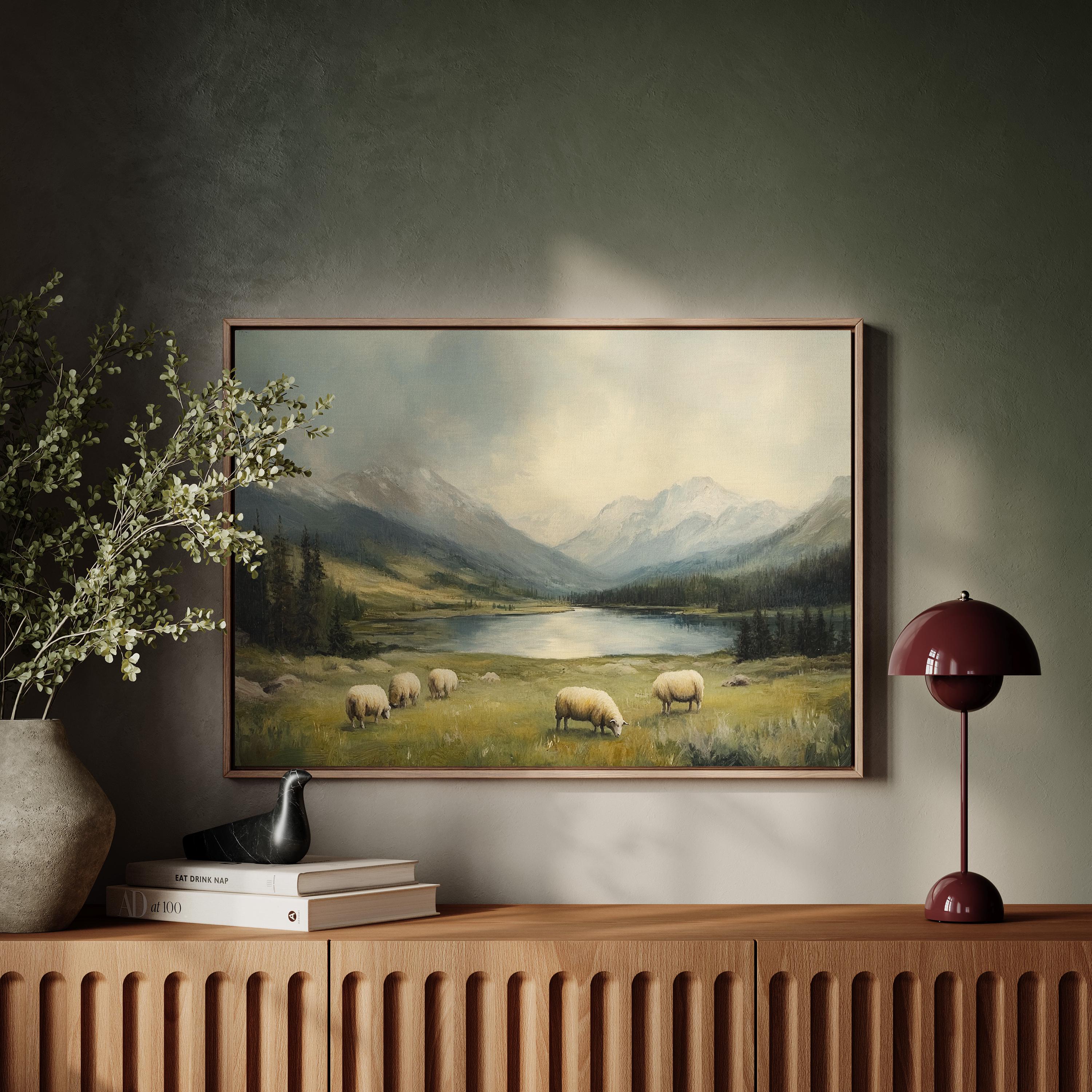 Serene Sheep in Mountain Meadow - Peaceful Landscape Canvas Wall Art ...