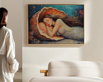 Enchanting Mermaid Sleeping Inside Seashell Underwater Fantasy Ocean Canvas Wall Art, Mystical Nautical Decor, Coastal Mermaid Print
