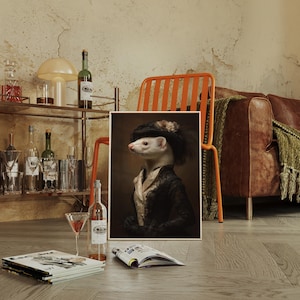 May include: A framed portrait of a white ferret wearing a black hat with a floral accent and a vintage black jacket. The ferret is posed in a regal manner. The image is set in a room with a bar cart, a cocktail, and a magazine.