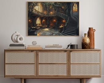 Enchanted Forest Library Canvas Wall Art – Magical Bookshelf with Stairs, Cozy Reading Nook, Fantasy Book Lover Home Decor