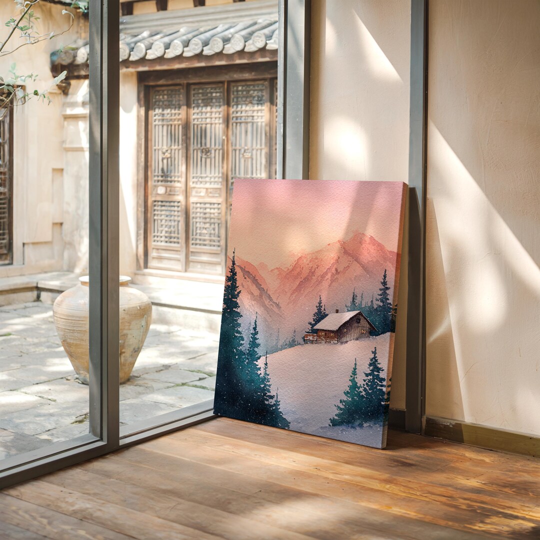Snowy Mountain Cabin Canvas Wall Art, Winter Watercolor Landscape ...