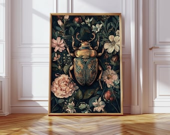 Vintage Beetle Insect Art Print, Ornate Gold Scarab Wall Decor, Gothic Entomology Poster, Floral Dark Academia Canvas Aesthetic