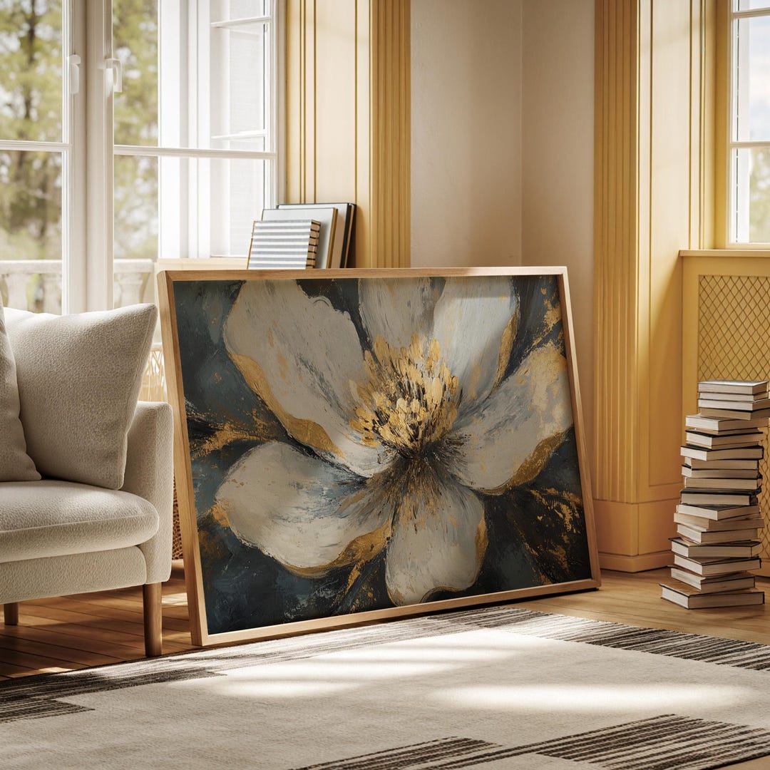 Abstract White and Gold Flower Canvas Art - Textured Floral Painting on ...