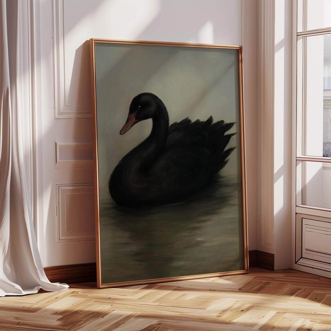 Elegant Black Swan Canvas Wall Art – Vintage Style Animal Painting for ...