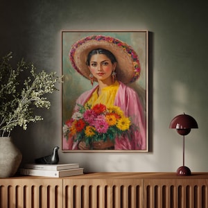 Celebrate Mexican culture with this stunning portrait featuring a woman in a colorful sombrero holding a vibrant bouquet of flowers. Perfect for adding warmth and charm to any space, this traditional art piece reflects the beauty of Mexican heritage.
