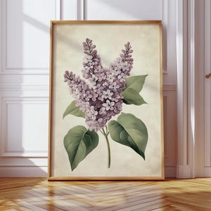 Impressão botânica lilás vintage | Arte de parede com flores lilás roxas antigas | Pôster floral cottagecore para decoração de fazenda ou jardim
