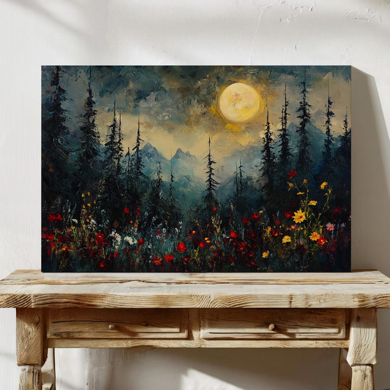 Moonlit Forest Canvas Wall Art - Vibrant Wildflowers, Pine Trees, and ...
