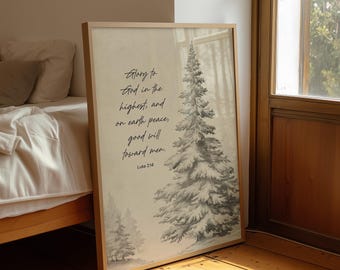 Luke 2:14 Christmas Scripture Art – Snowy Pine Tree Drawing