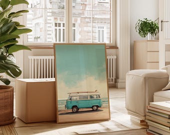 Surf Van Beach Art Print, Retro Coastal Canvas Wall Art, Vintage Camper with Surfboard, Ocean Boho Summer Decor for Beach House Style