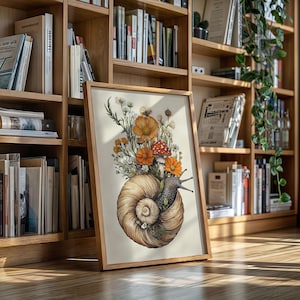 Canvas muurkunst slak en wilde bloemen, bloemenposter cottagecore paddestoel, botanische tuin natuurprint voor rustiek bosdecor