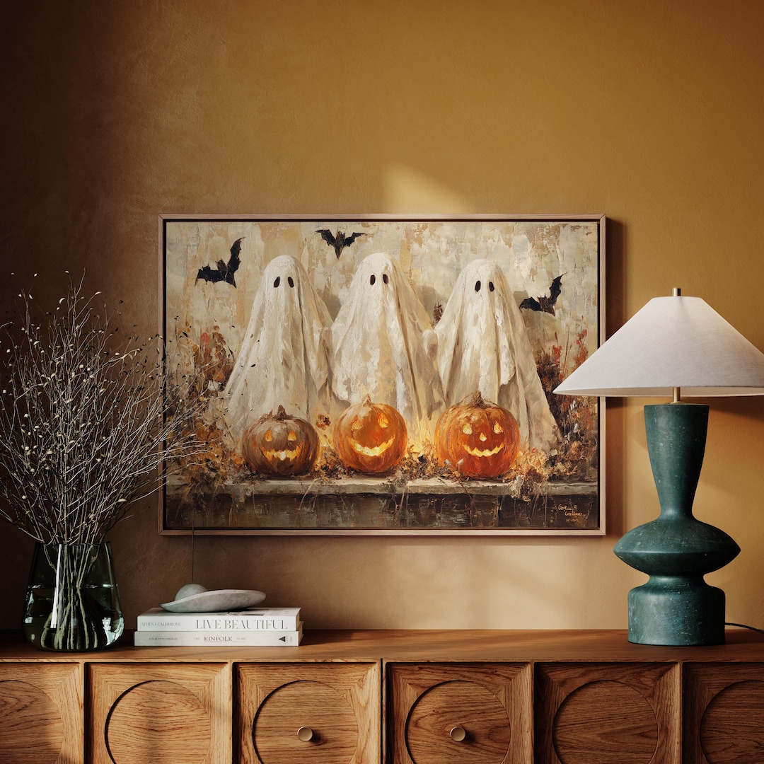 Three Ghosts With Pumpkins | Whimsical Halloween Wall Art With Bats and ...