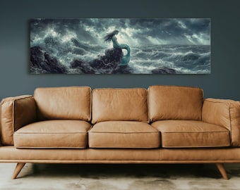 Lienzo de sirena de fantasía oscura - Arte de pared gótico de océano tormentoso - Impresión de criatura marina mítica - Decoración de sirena encantadora