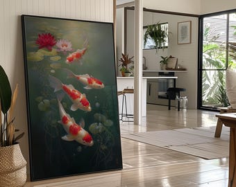 Japanese Koi Fish and Lotus Canvas Art, Tranquil Asian Wall Decor Symbolizing Prosperity, Zen Pond Painting in Serene Greens