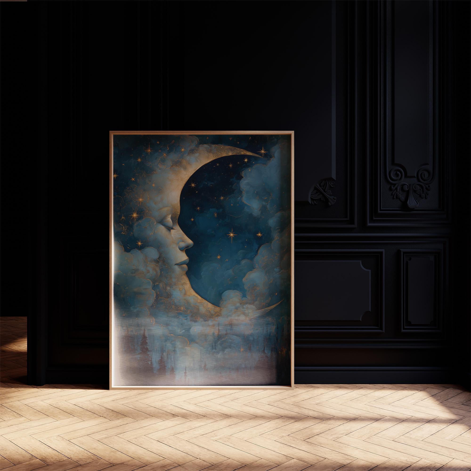 Crescent Moon Face Canvas Art, Dreamy Night Sky Painting With Stars ...