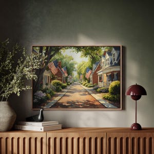American Patriotic Street Scene Canvas Wall Art, Rustic Colonial Homes With US Flags, Vintage Style 4th of July Americana Decor