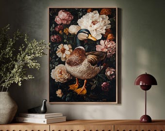 Elegante wilde eend met bloemenachtergrond - vintage natuurmuurkunst, boerderijdecor, rustieke dierenschilderij
