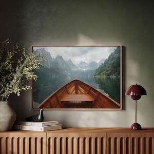 Wooden Boat on Mountain Lake Canvas Wall Art – Peaceful Alpine Reflection Nature Landscape for Rustic Cabin or Lakehouse Décor
