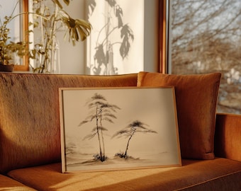 Minimalist Japanese Ink Pine Tree Canvas, Zen Nature Wall Art, Wabi Sabi Decor, Asian Landscape Print, Calming Neutral Home Artwork